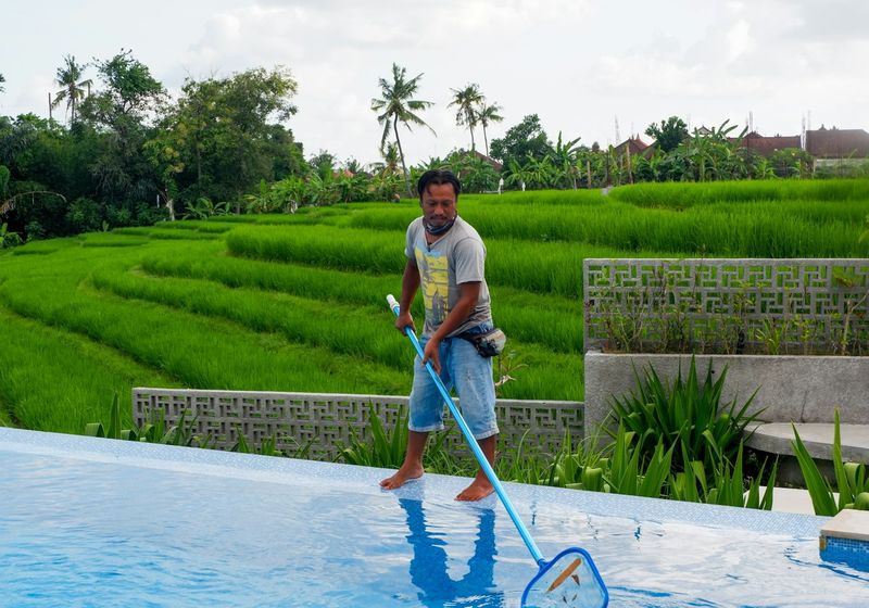 Pool technician cleaning a swimming pool with a pole